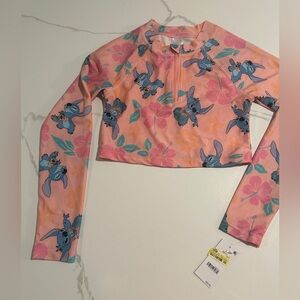 Pink Floral Stitch-Lounge Cropped Rash Guard Top